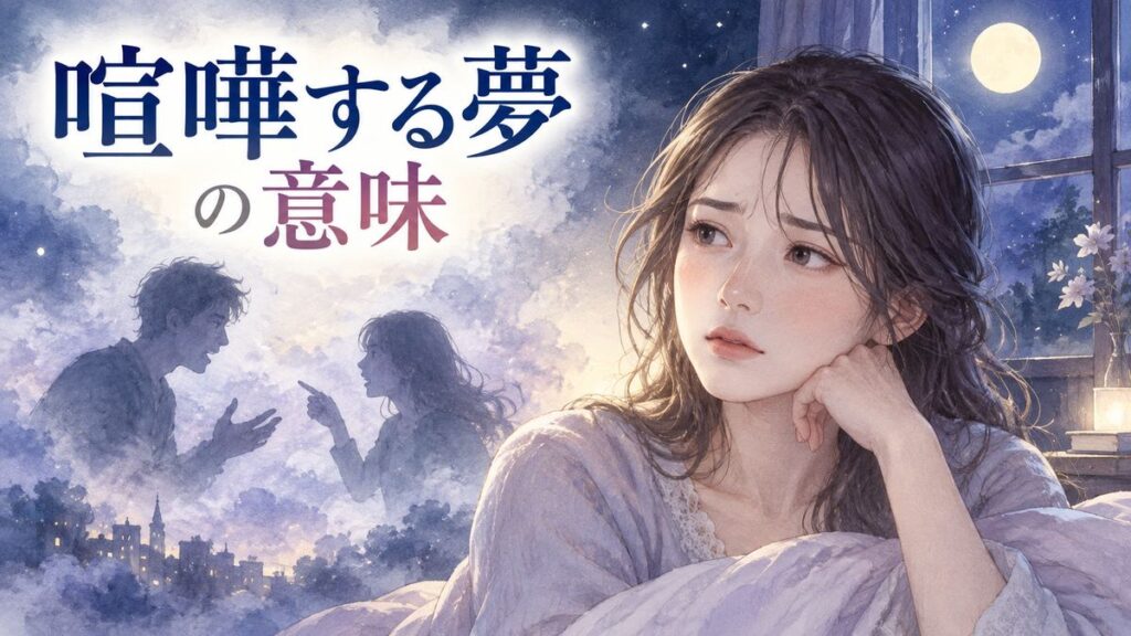 夜の部屋で夢の中の言い争う二人の影を見つめる大人の女性