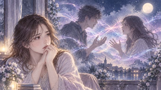 夢の中で向き合う二人と、その間に揺れる感情の光を見つめる人物