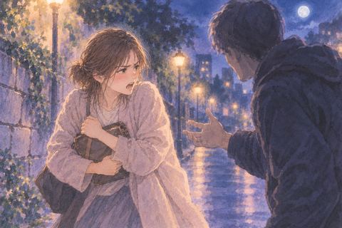 夢の夜道で見知らぬ人から大切な物を守る人物