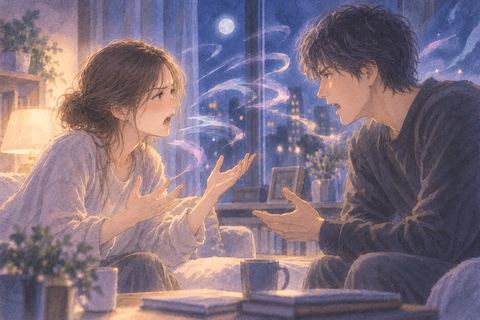 夜の部屋で言葉をぶつけ合う二人の大人