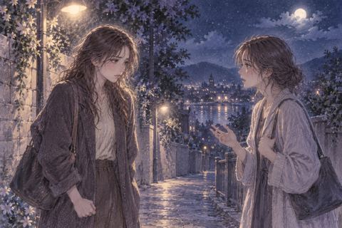 夜の帰り道で距離を空けて言い合う二人の友達