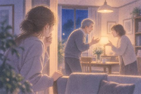 両親の言い争いを不安そうに見つめる大人の人物