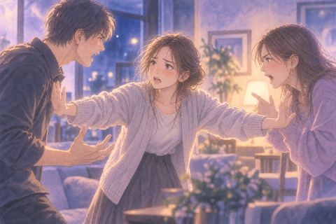 言い争う二人の間に入り両手で止める人物