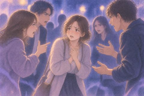 争う人たちに囲まれ戸惑う人物