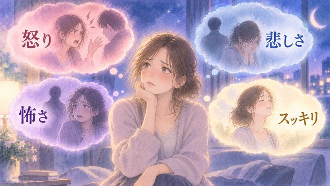喧嘩の夢を思い返し怒りや悲しさなど複数の感情を見つめる女性