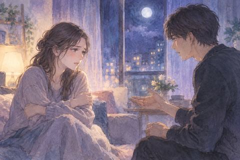 夜の室内で感情的に言い合う恋人同士