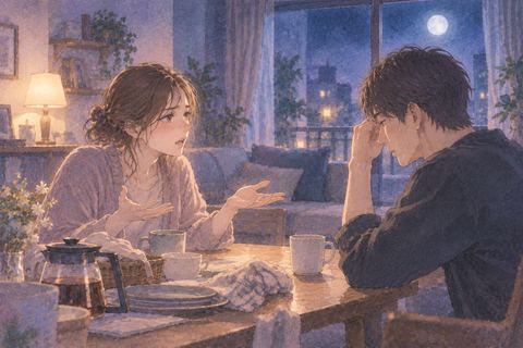 夜のリビングで家事を前に言い合う夫婦