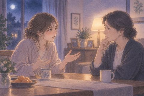 夜の室内で親に自分の気持ちを訴える大人の人物