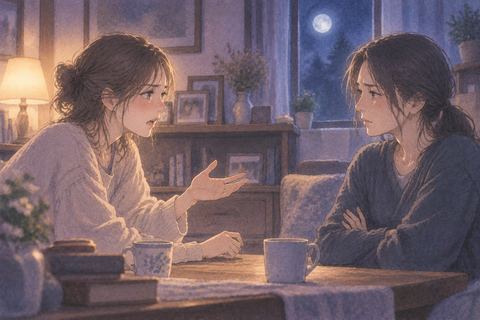 夜の実家のような部屋で言い合う大人のきょうだい