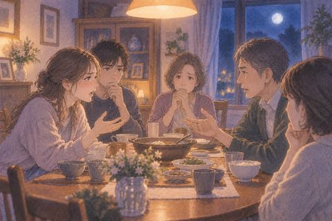 夜の食卓で意見がぶつかる家族や親戚の大人たち