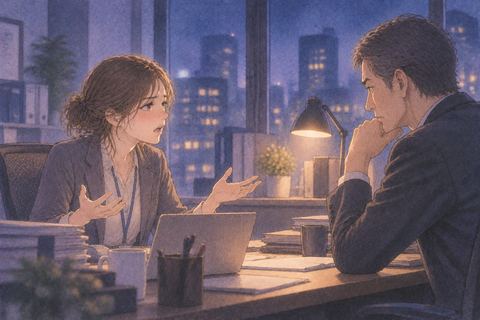 夜のオフィスで上司に意見を返す会社員