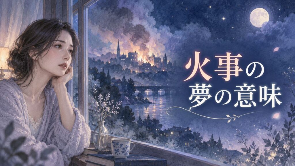 夜の窓辺で遠くの火事を見つめる大人の女性