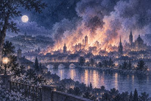 夜の街で大きく燃え広がる火事を遠くから見る場面