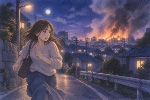 夜の道を背後の火事から離れるように走る人物
