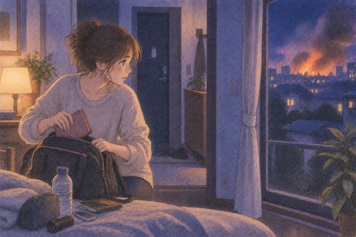 夜の室内でバッグをまとめながら窓の外の火を気にする人物