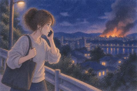夜に電話をしながら遠くの火事を見ている人物