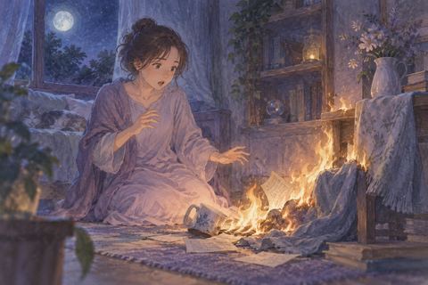 小さな火が広がり始めるのを驚いて見つめる人物