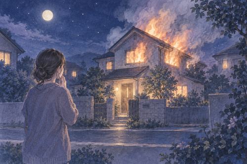 夜に自分の家が燃えているのを外から見つめる人物