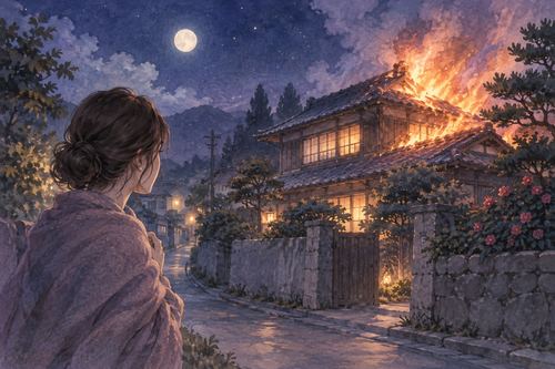 夜に昔ながらの実家が燃えているのを見つめる人物