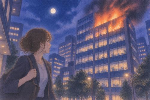 夜のオフィスビルの一部に火が上がっている場面