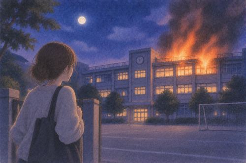 夜の学校の校舎に火が上がっている場面