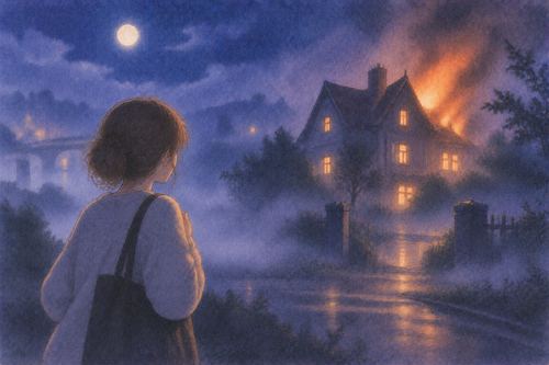 見覚えのない夜の家に火が上がる夢の場面