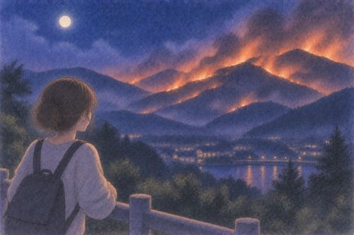 夜の山肌に広く火が広がっている場面