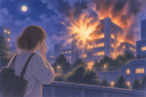 夜の建物で光の爆発のあと炎が広がる場面