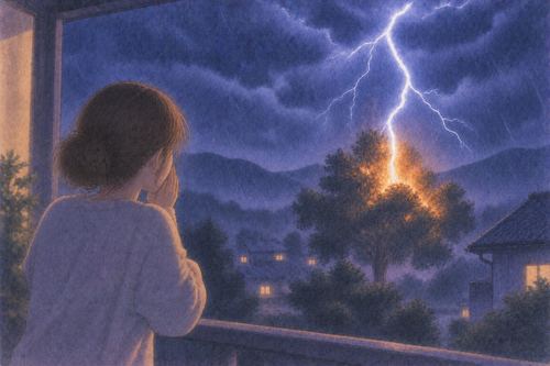 夜の木や建物に雷が落ちて火が上がる場面