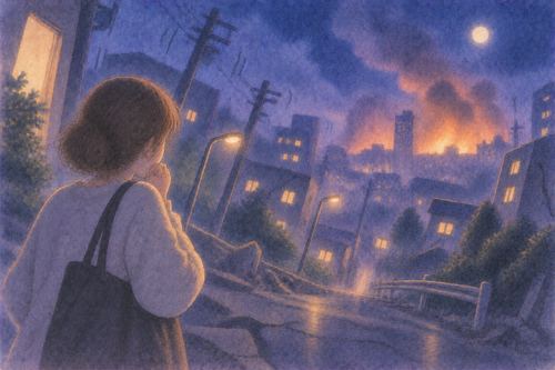揺れた夜の街でその後に火が上がっている場面