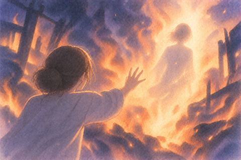 炎の向こうで人物の姿が光に溶けるように薄れていく夢の場面