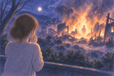 遠くの炎の中で人影が淡く消えていくのを見つめる人物