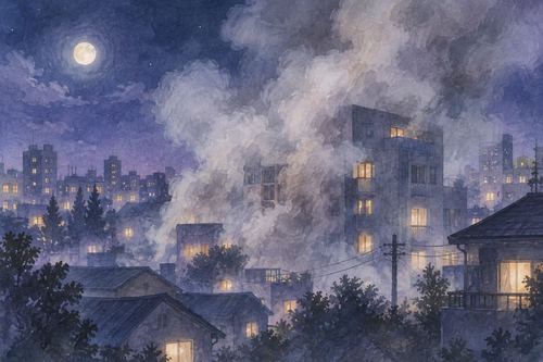 夜の建物に炎は見えず煙だけが漂っている場面