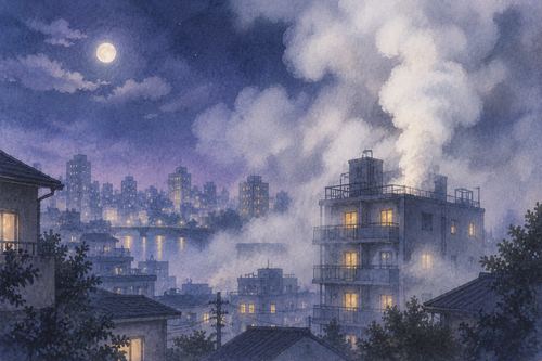 夜の建物から白い煙が静かに立ち上がる場面