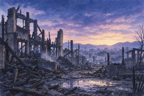夜明け前の静かな焼け跡を見つめる場面