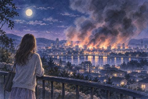 夜に離れた場所から火事を見つめる人物