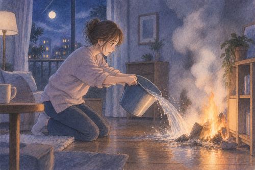 夜の室内で小さな火に水をかけて消そうとする人物