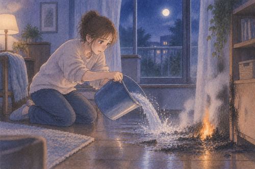 水をかけても小さな炎が再び残っている場面