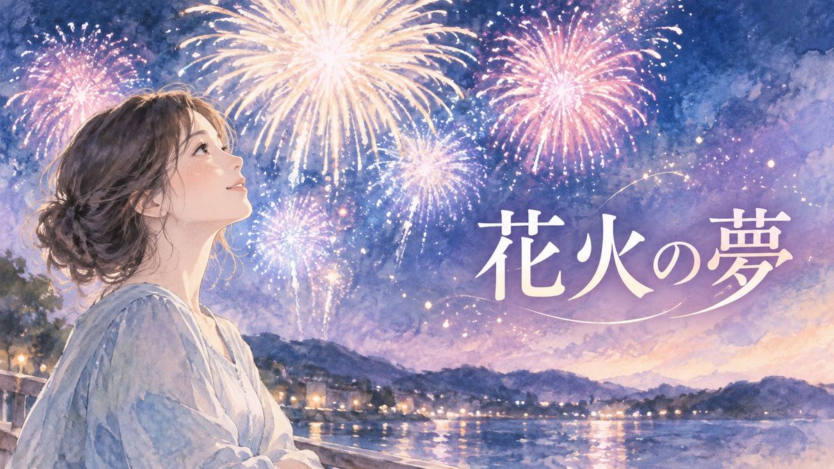 夜空の花火を静かに見上げる大人の女性