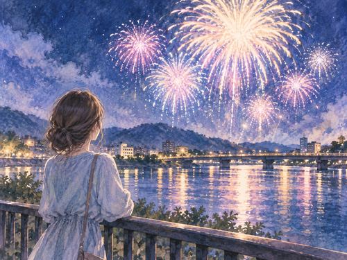 川辺から夜空の花火を静かに眺める人物