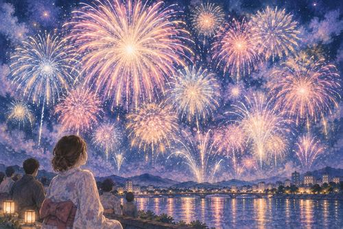 夜空に次々と広がる色とりどりの花火