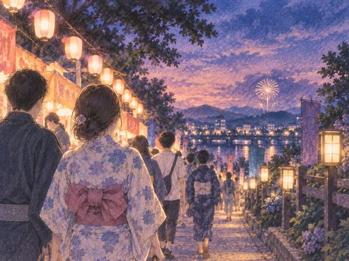 夕暮れの道を花火大会の会場へ向かう人々