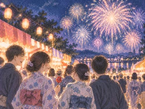 屋台の明かりと花火を楽しむ花火大会の人々