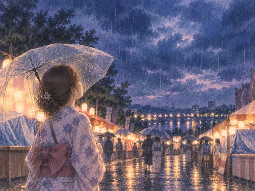 雨の会場で花火を待ちながら空を見上げる人物