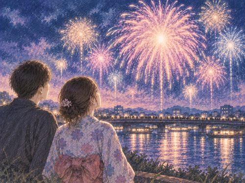 夜空の花火を少し緊張しながら並んで見る二人