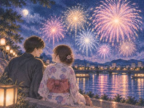 花火を見ながら穏やかに会話する恋人同士