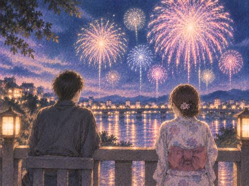 少し距離を置いて花火を見る二人と懐かしい夜の景色