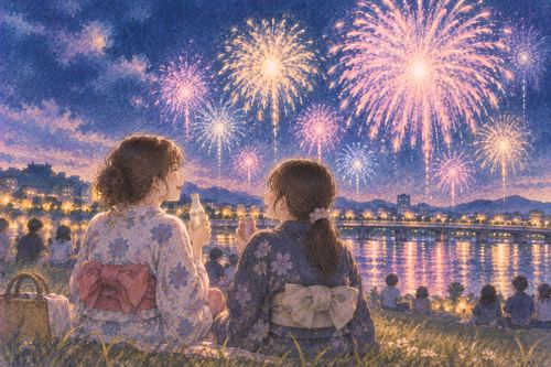 友達同士で笑いながら花火を眺める夜の河原