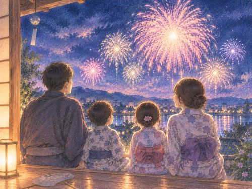 家族が縁側から一緒に花火を眺める夜