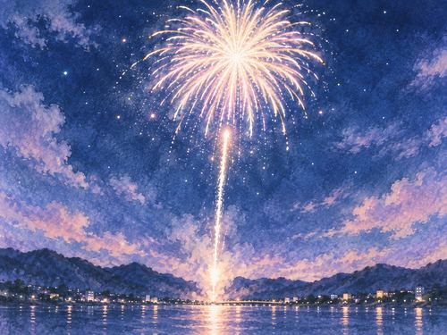夜空へ光の筋を描いて上がっていく花火